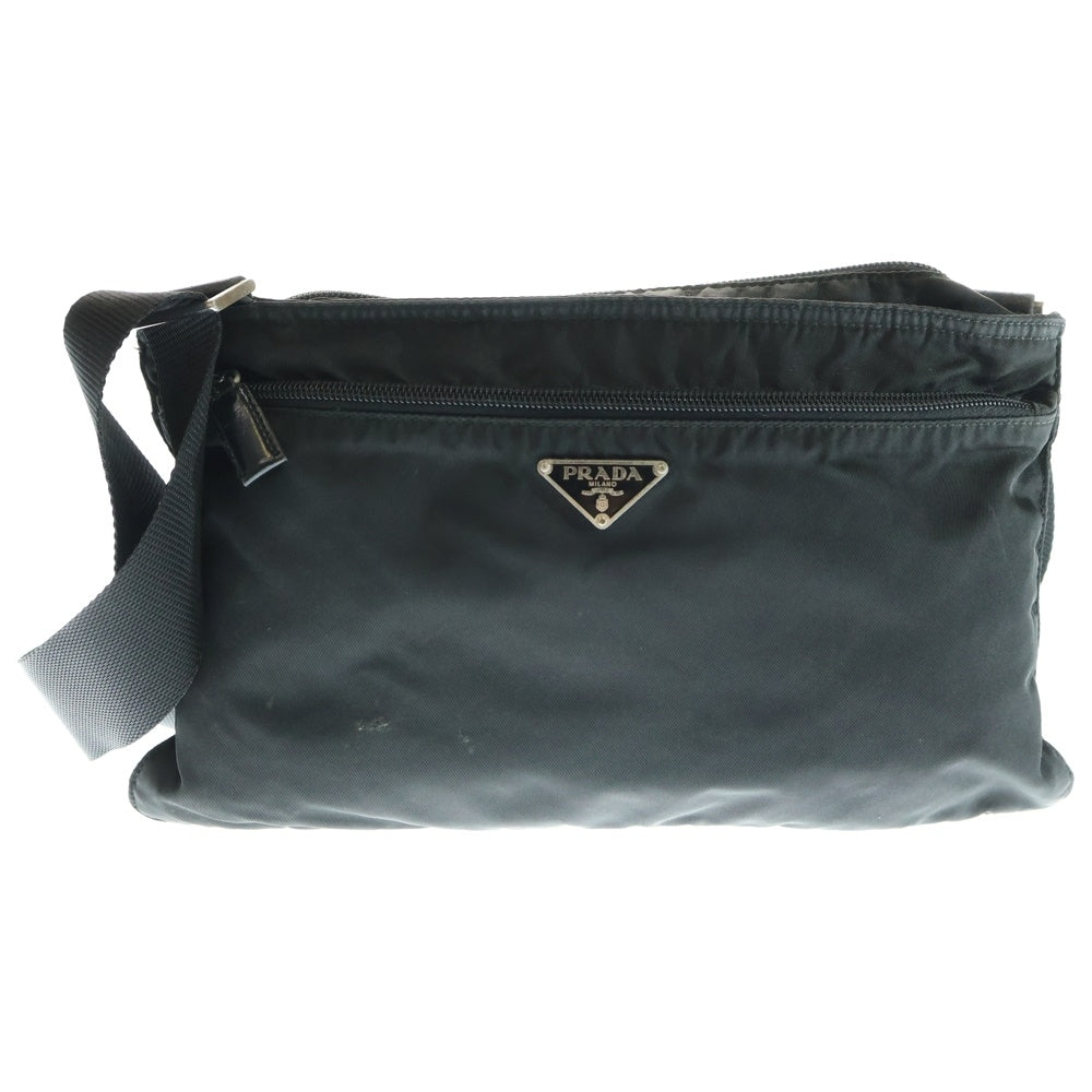 PRADA(プラダ) トライアングルロゴプレート ナイロン レザー ショルダーバッグ シルバー金具 ブラック