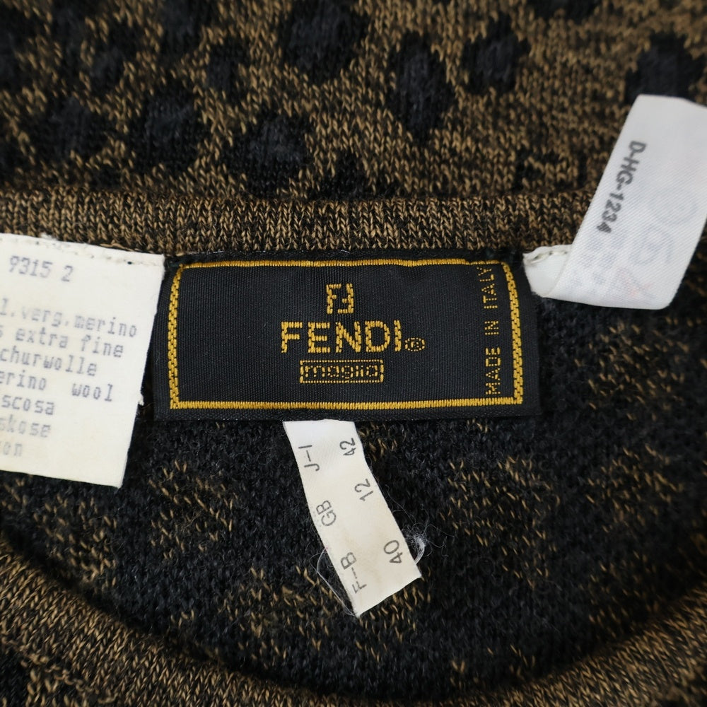 FENDI(フェンディ) レオパード総柄 FFロゴ ウール クルーネック 半袖ニット カットソー ブラウン レディース