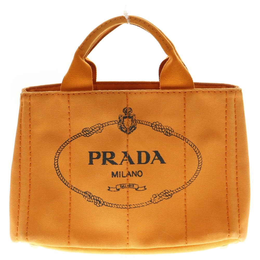 PRADA(プラダ) カナパ ミニ トライアングルロゴプレート キャンバス 2WAY ハンド ショルダー トートバッグ ゴールド金具 オレンジ B2439G