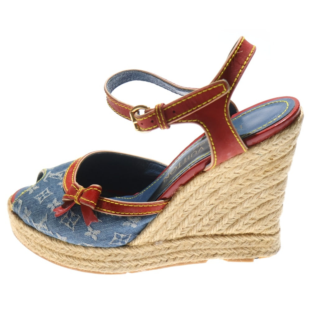 LOUIS VUITTON(ルイヴィトン) モノグラム デニム エスパドリーユ ウェッジソール ヒール レザー ストラップ サンダル パンプス シューズ インディゴ/レッド レディース