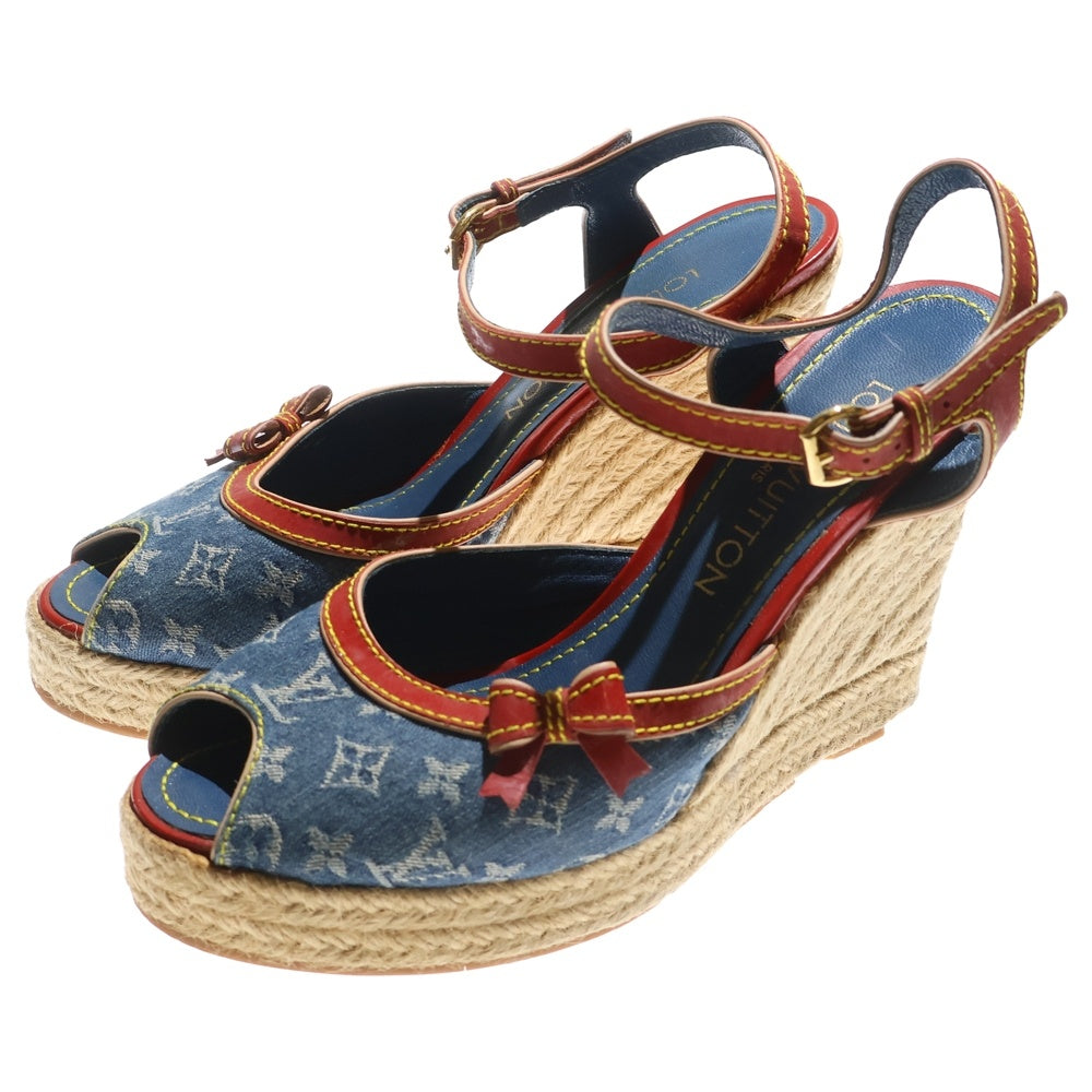 LOUIS VUITTON(ルイヴィトン) モノグラム デニム エスパドリーユ ウェッジソール ヒール レザー ストラップ サンダル パンプス シューズ インディゴ/レッド レディース