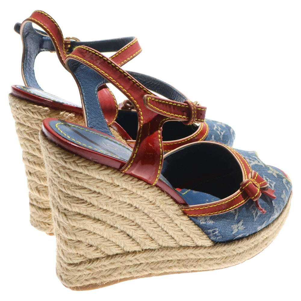 LOUIS VUITTON(ルイヴィトン) モノグラム デニム エスパドリーユ ウェッジソール ヒール レザー ストラップ サンダル パンプス シューズ インディゴ/レッド レディース