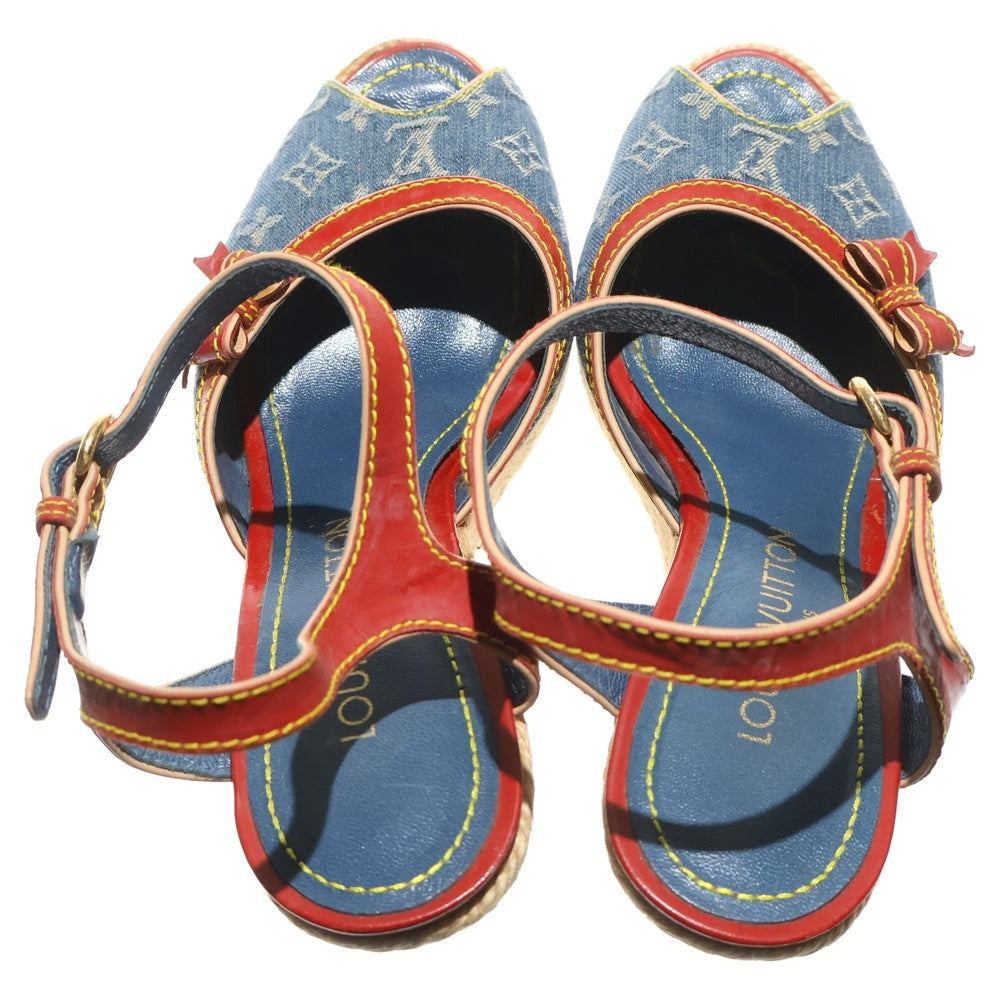 LOUIS VUITTON(ルイヴィトン) モノグラム デニム エスパドリーユ ウェッジソール ヒール レザー ストラップ サンダル パンプス シューズ インディゴ/レッド レディース