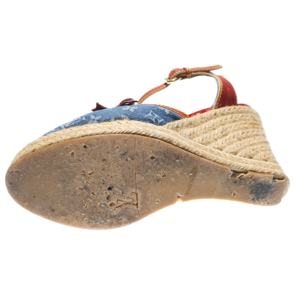 LOUIS VUITTON(ルイヴィトン) モノグラム デニム エスパドリーユ ウェッジソール ヒール レザー ストラップ サンダル パンプス シューズ インディゴ/レッド レディース