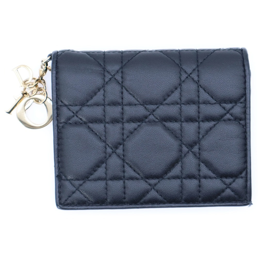 Christian Dior(クリスチャンディオール) カナージュ 二つ折り財布 コンパクトウォレット コインケース ブラック ラムスキン ゴールド金具 チャーム