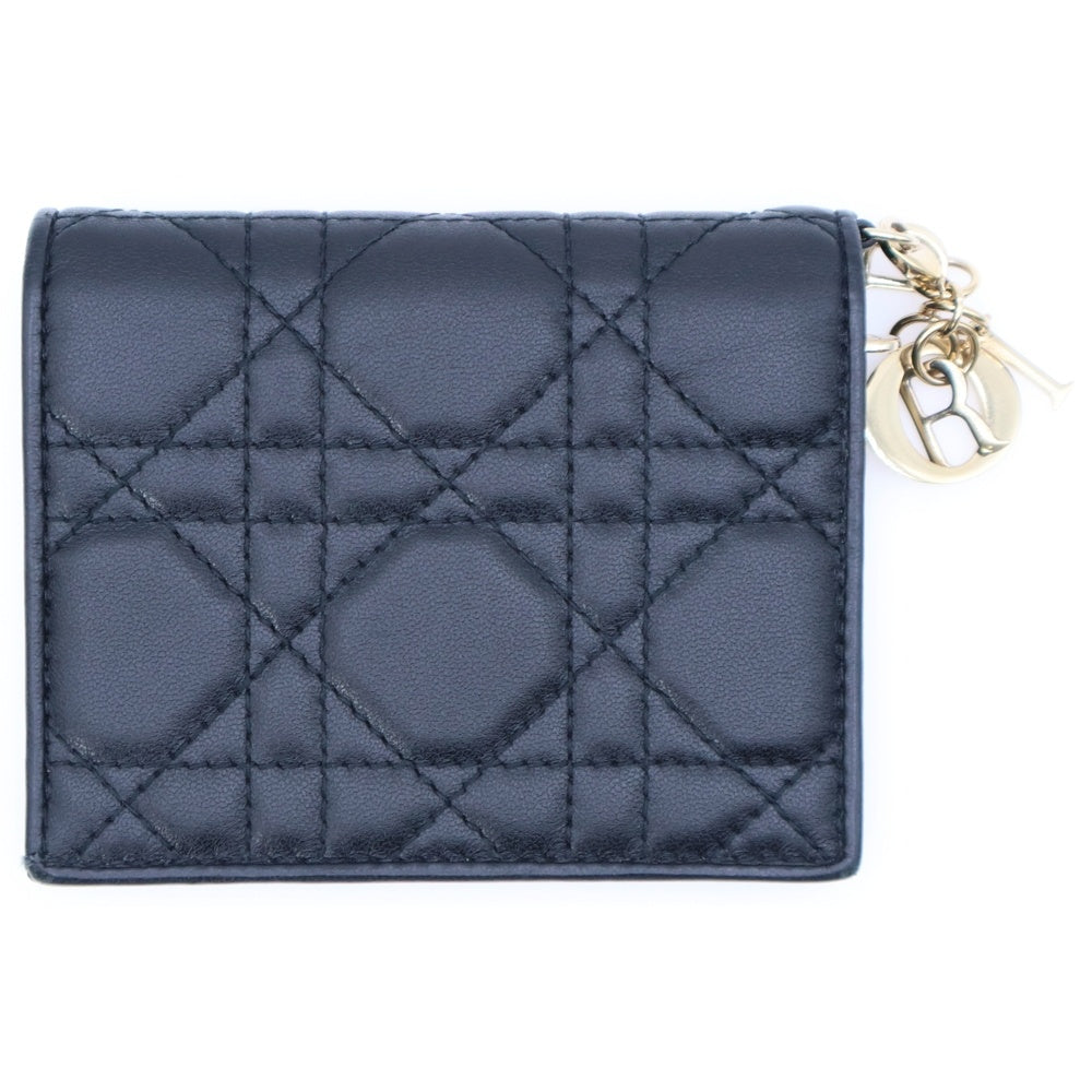 Christian Dior(クリスチャンディオール) カナージュ 二つ折り財布 コンパクトウォレット コインケース ブラック ラムスキン ゴールド金具 チャーム