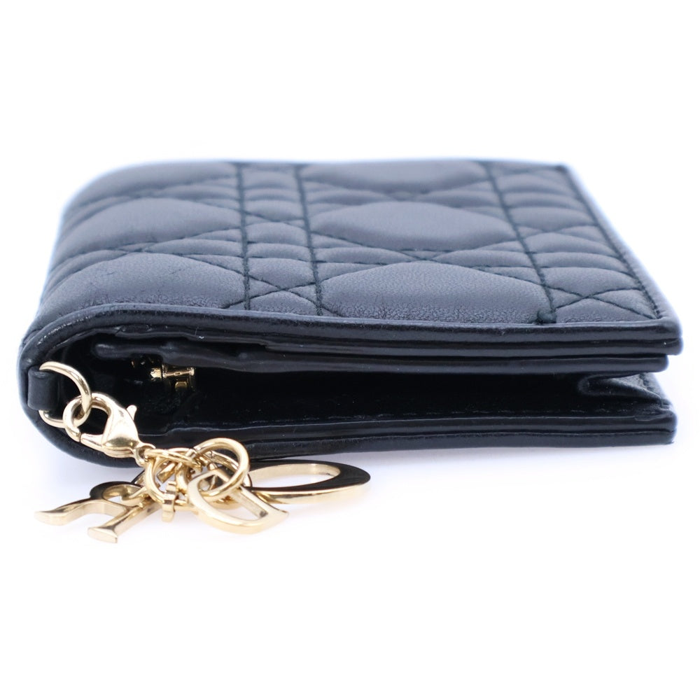 Christian Dior(クリスチャンディオール) カナージュ 二つ折り財布 コンパクトウォレット コインケース ブラック ラムスキン ゴールド金具 チャーム