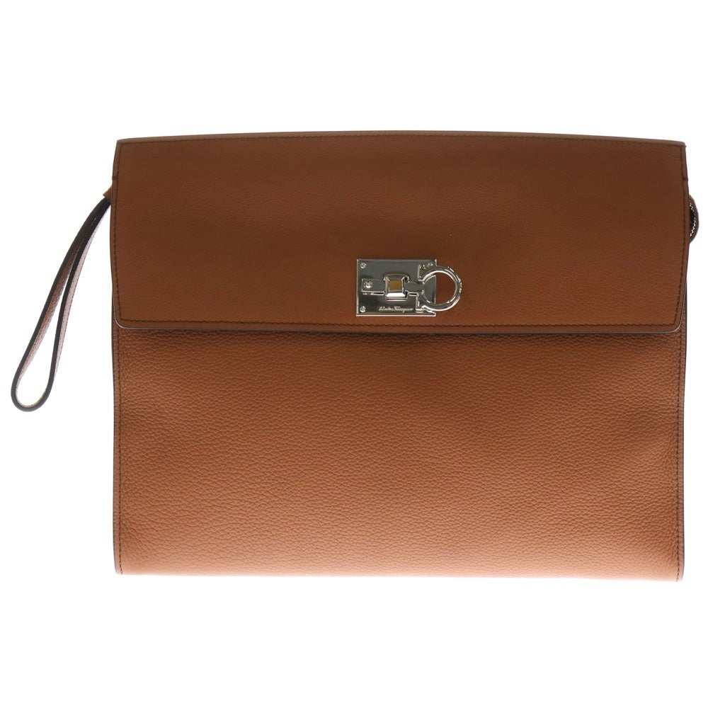 Salvatore Ferragamo(サルヴァトーレ フェラガモ) ガンチーニ レザー クラッチ セカンドバッグ シルバー金具 ブラウン レディース
