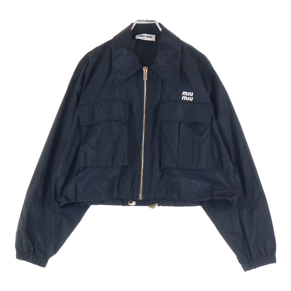 miumiu(ミュウミュウ) 23SS ラバーロゴプリント シルク混 ジップアップ クロップド ショート ジャケット ブラック レディース ML913