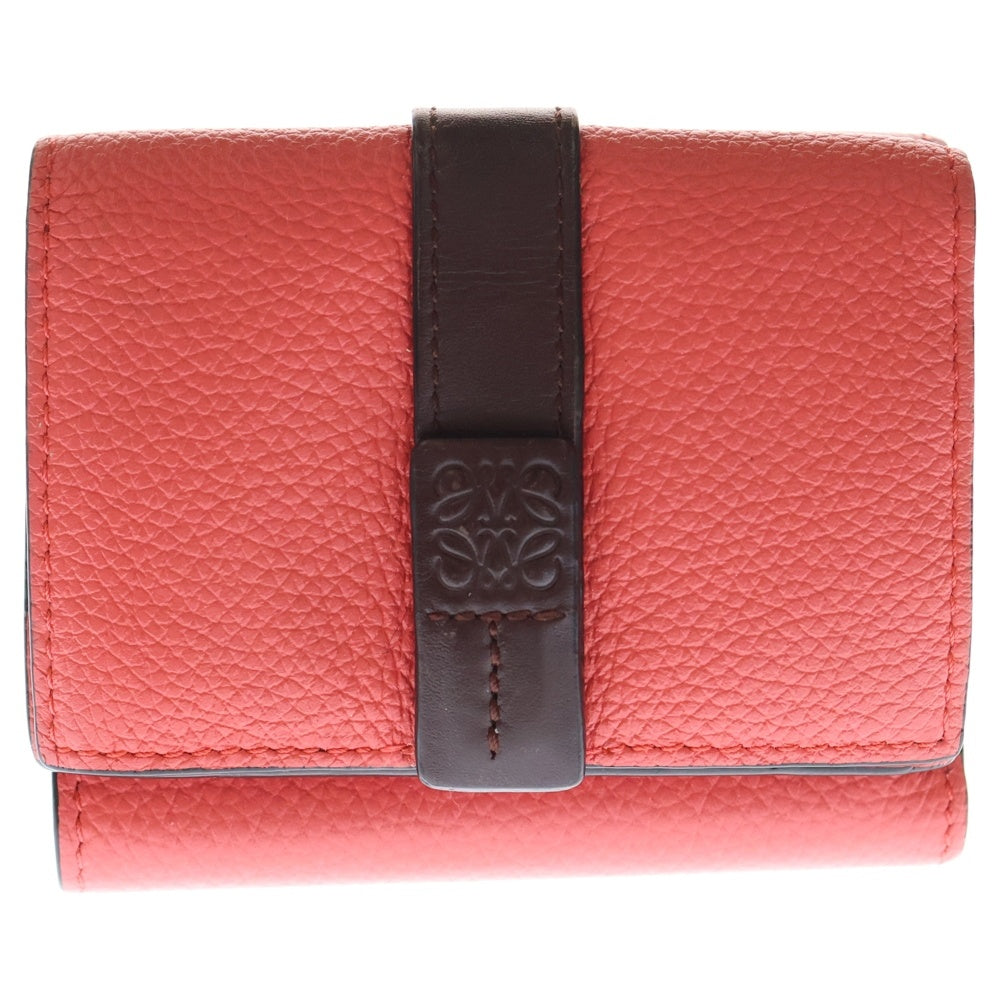 LOEWE(ロエベ) 三つ折り財布 バーティカル コンパクトウォレット 三つ折り財布 コインケース ピンク×ブラウン レザー シルバー金具