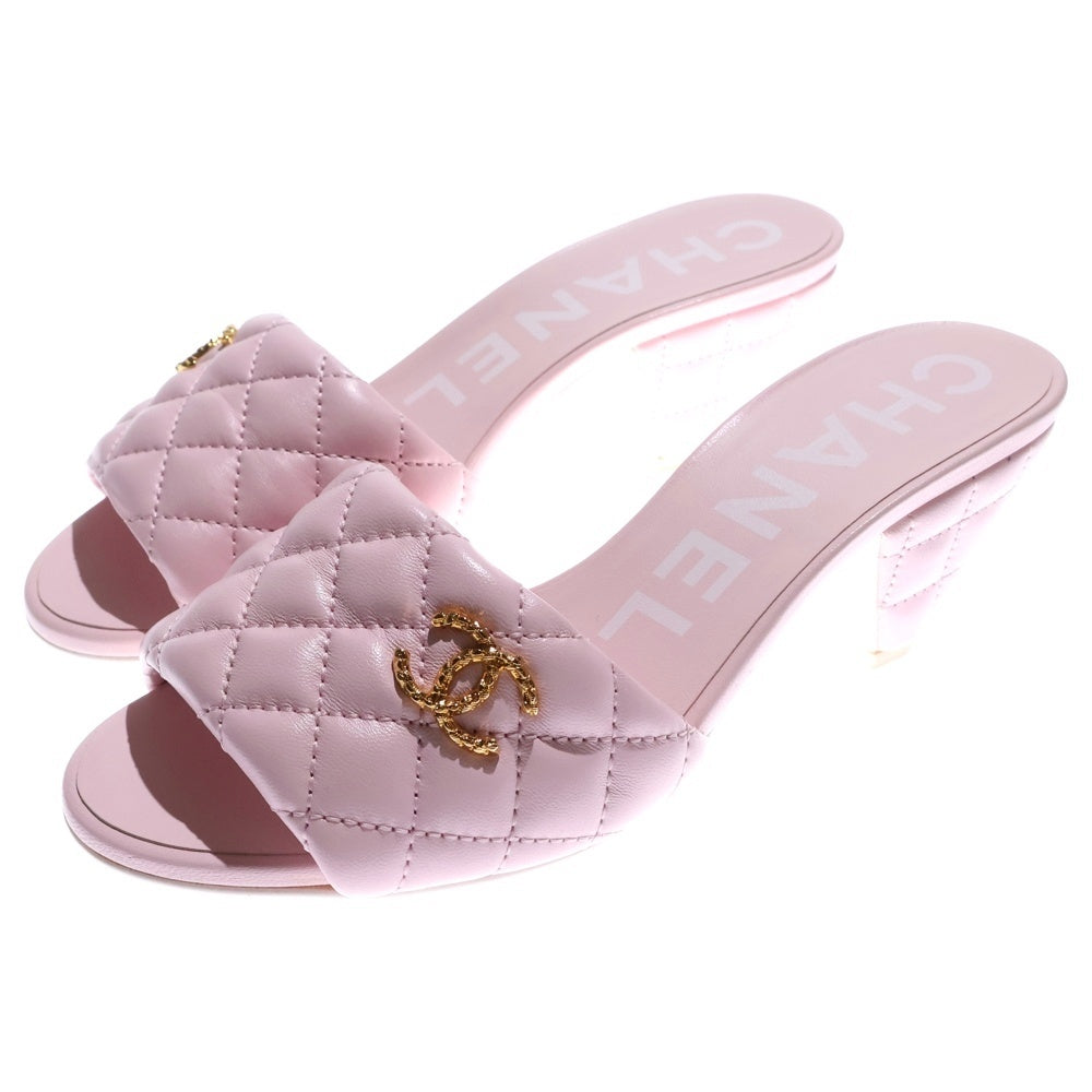 CHANEL(シャネル) マトラッセ ラムスキン レザー ココマーク ロゴプレート オープントゥ ヒール サンダル パンプス シューズ ピンク レディース G38820