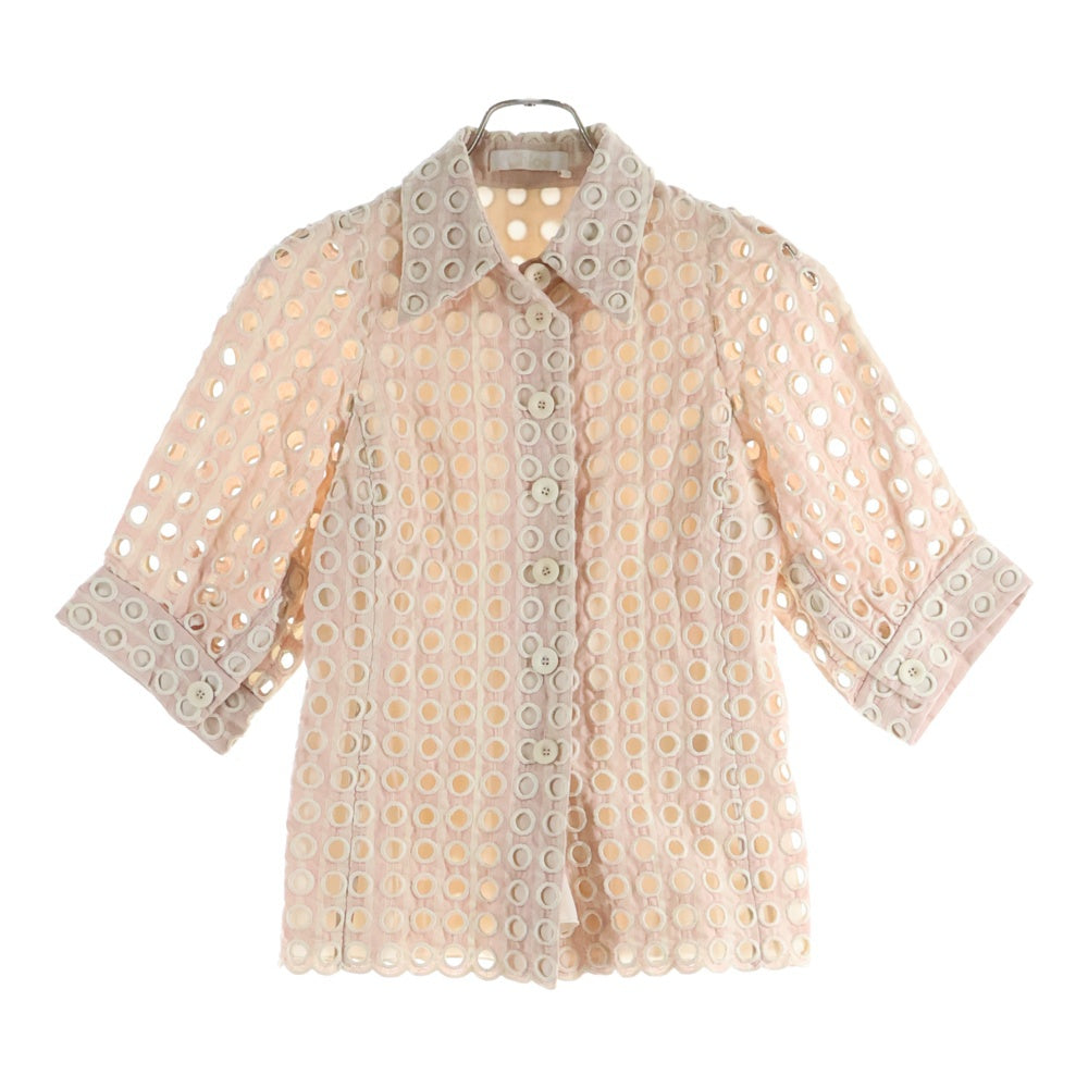 Chloe(クロエ) 刺繍 カットアウト ストライプ総柄 ビスコース リネン