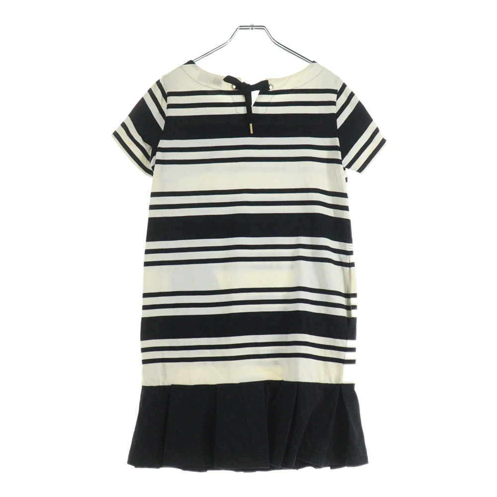 BURBERRY BLUE LABEL(バーバリーブルーレーベル) ワンポイントロゴ刺繍 ボーダー総柄 半袖 ミディアムワンピース ホワイト/ブラック レディース