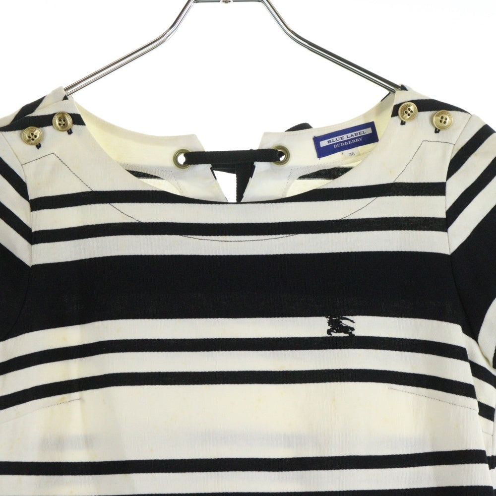 BURBERRY BLUE LABEL(バーバリーブルーレーベル) ワンポイントロゴ刺繍 ボーダー総柄 半袖 ミディアムワンピース ホワイト/ブラック レディース
