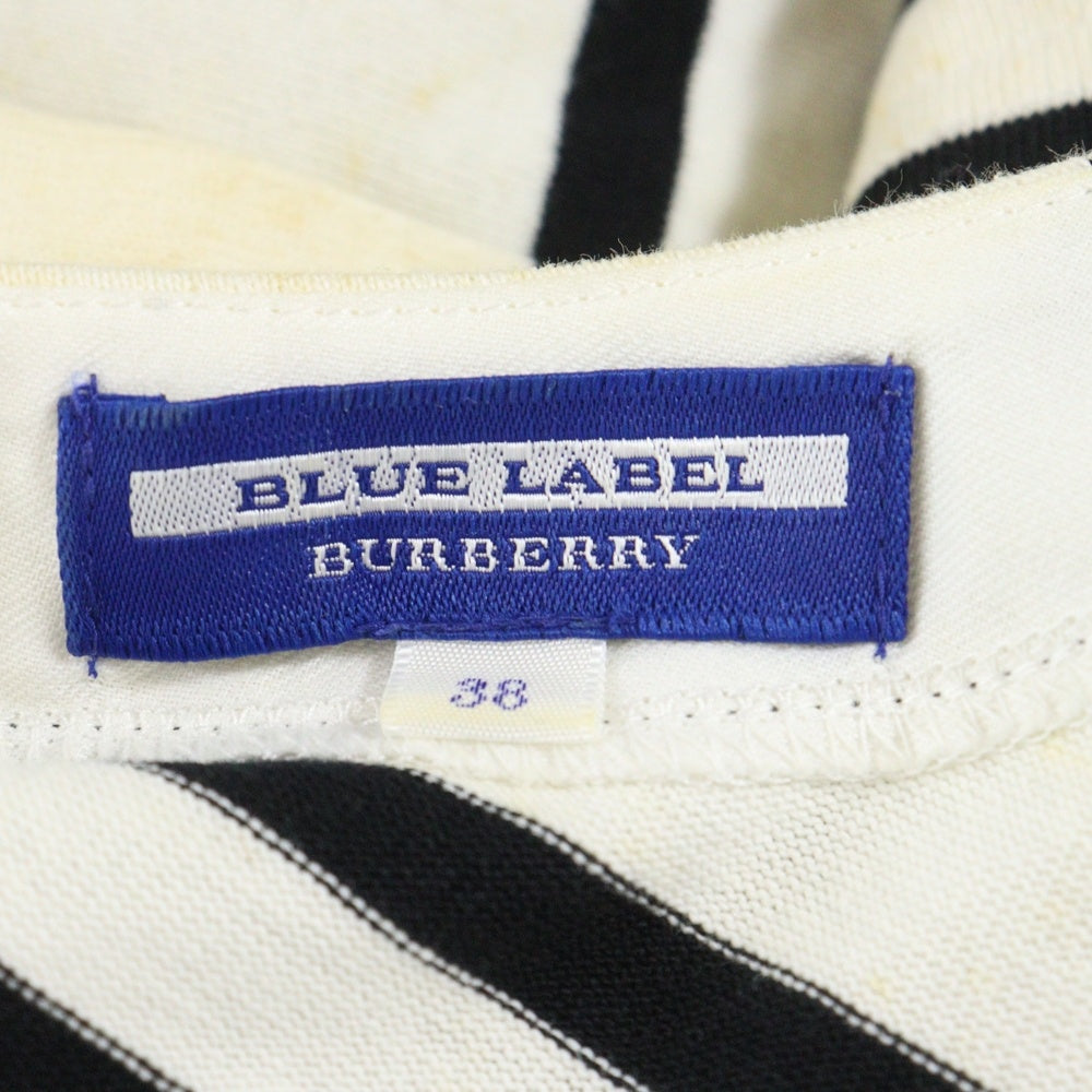 BURBERRY BLUE LABEL(バーバリーブルーレーベル) ワンポイントロゴ刺繍 ボーダー総柄 半袖 ミディアムワンピース ホワイト/ブラック レディース
