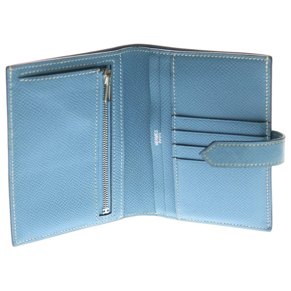 HERMES(エルメス) ベアンコンパクト ブルージーン エプソン コンパクトウォレット 三つ折り財布 コインケース ライトブルー レザー シルバー金具□K刻印 レディース