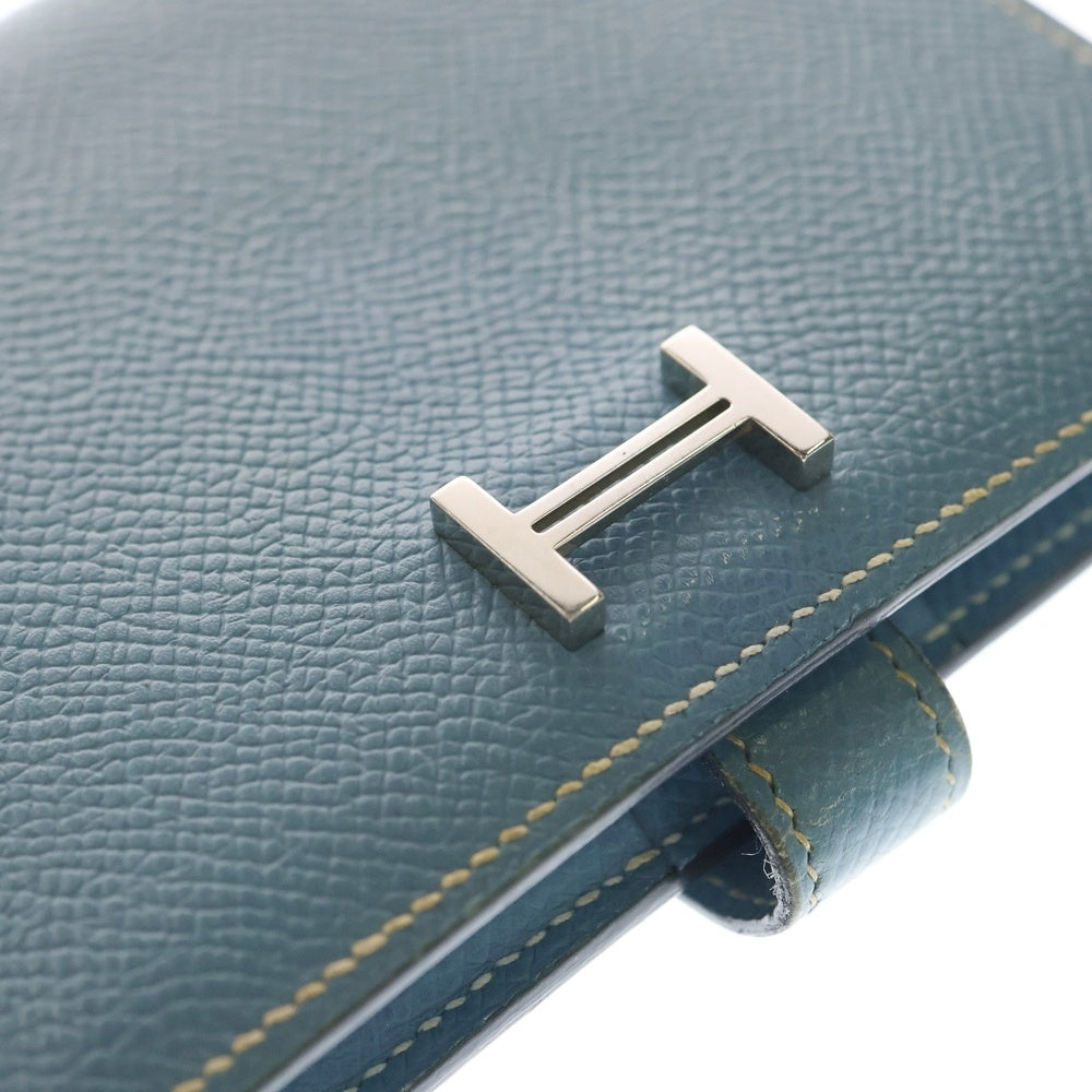 HERMES(エルメス) ベアンコンパクト ブルージーン エプソン コンパクトウォレット 三つ折り財布 コインケース ライトブルー レザー シルバー金具□K刻印 レディース
