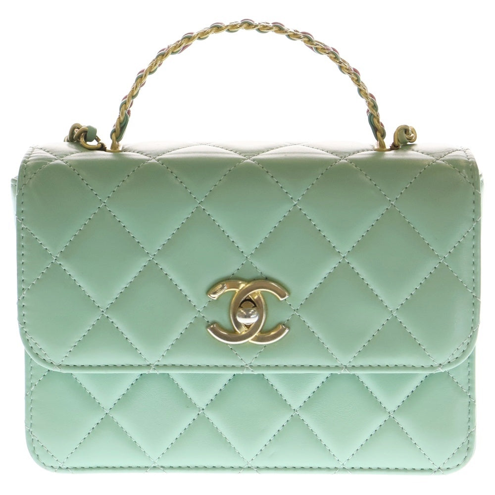 CHANEL(シャネル) マトラッセ ミニフラップ トップハンドル ライトグリーン ラムスキン ゴールド金具 AS3886 レディース