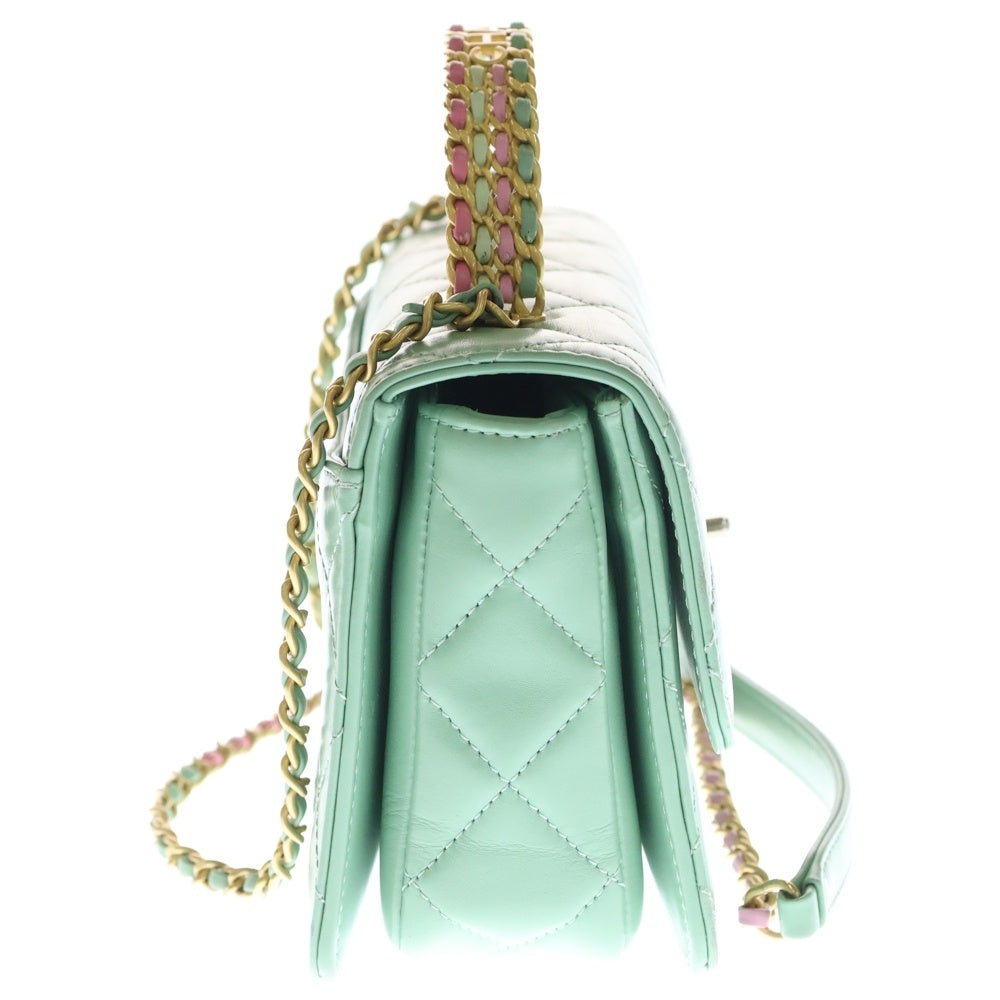 CHANEL(シャネル) マトラッセ ミニフラップ トップハンドル ライトグリーン ラムスキン ゴールド金具 AS3886 レディース