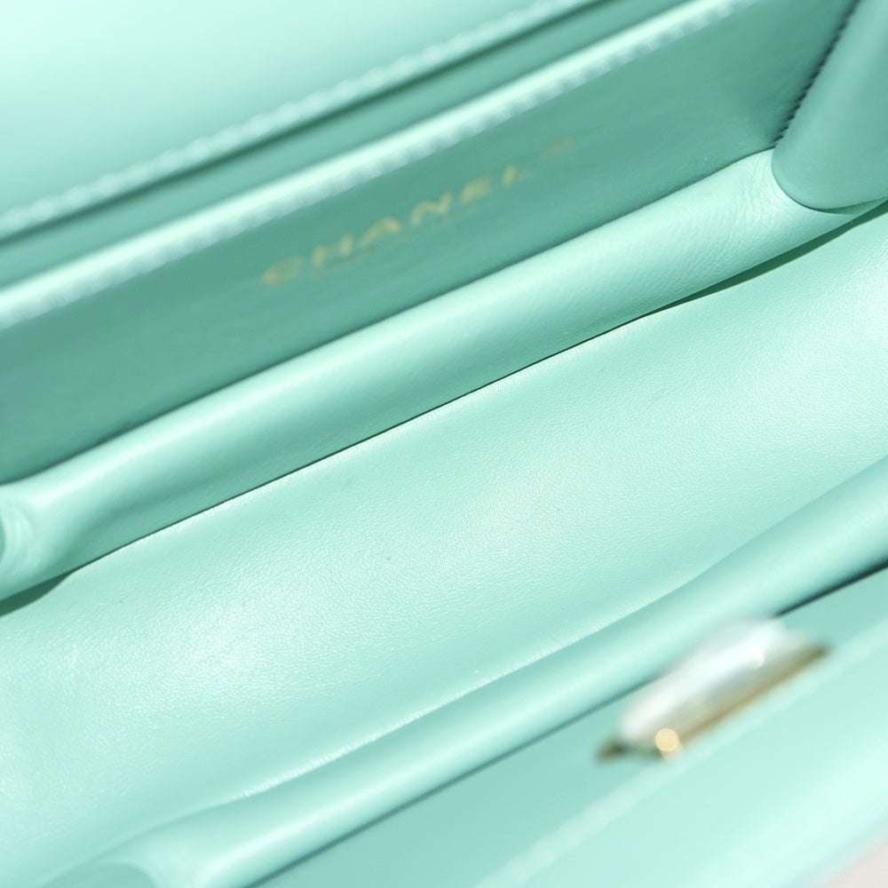 CHANEL(シャネル) マトラッセ ミニフラップ トップハンドル ライトグリーン ラムスキン ゴールド金具 AS3886 レディース