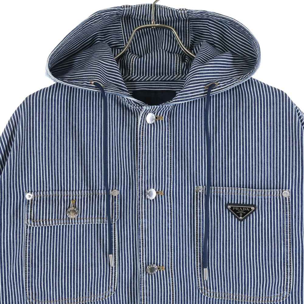 PRADA(プラダ) トライアングルロゴ ストライプコットンフードシャツジャケット ホワイト/ブルー GEC106