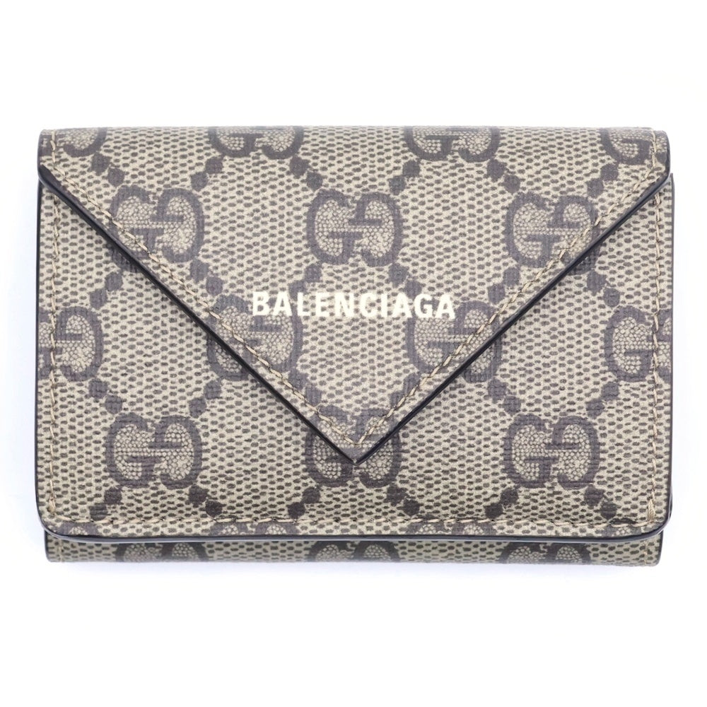 GUCCI(グッチ) ×Balenciaga バレンシアガ GGスプリーム レザーコンパクトウォレット 三つ折り財布 ブラウン 681704
