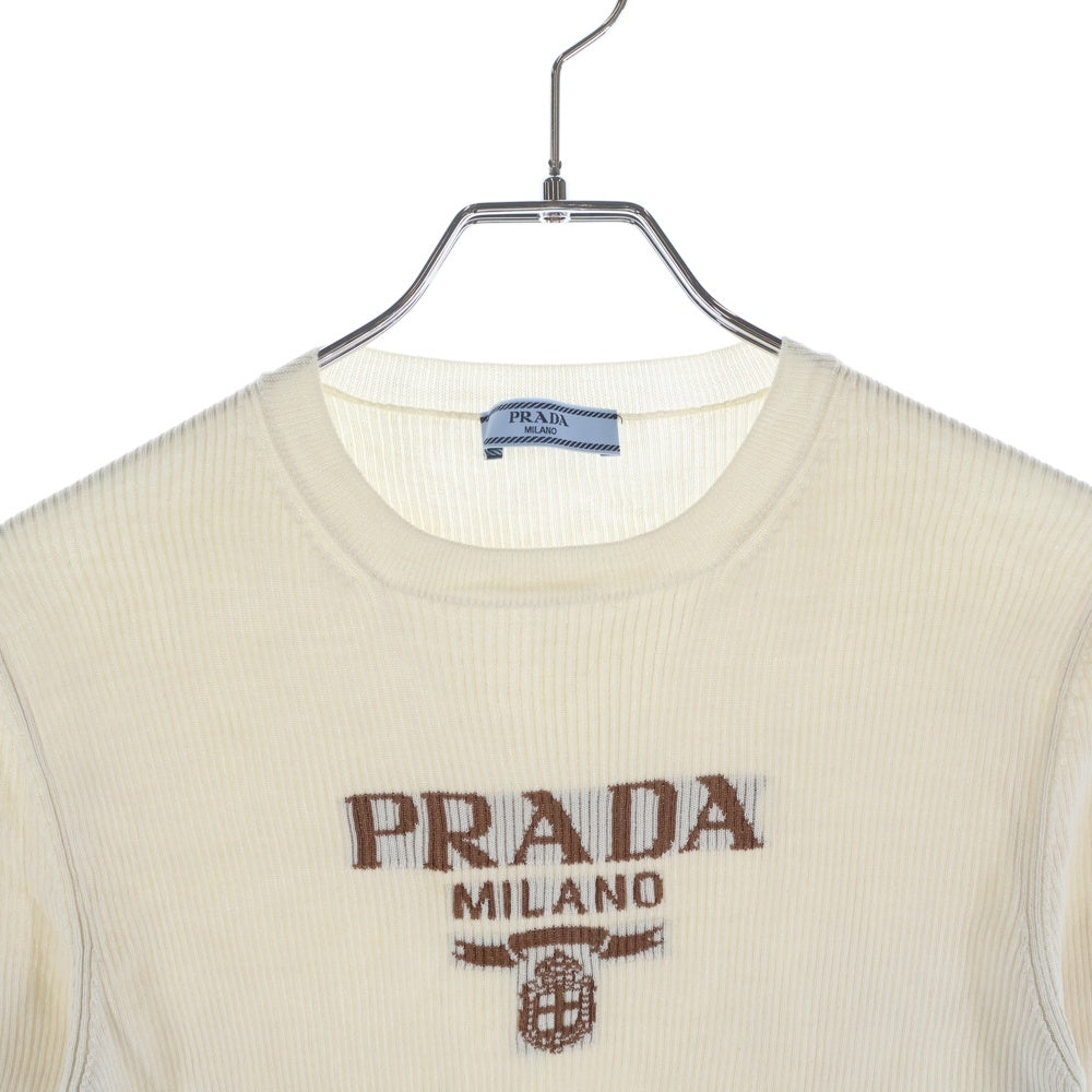 PRADA(プラダ) ロゴ入り シルク クルーネック半袖ニット セーター アイボリー P24T1F レディース