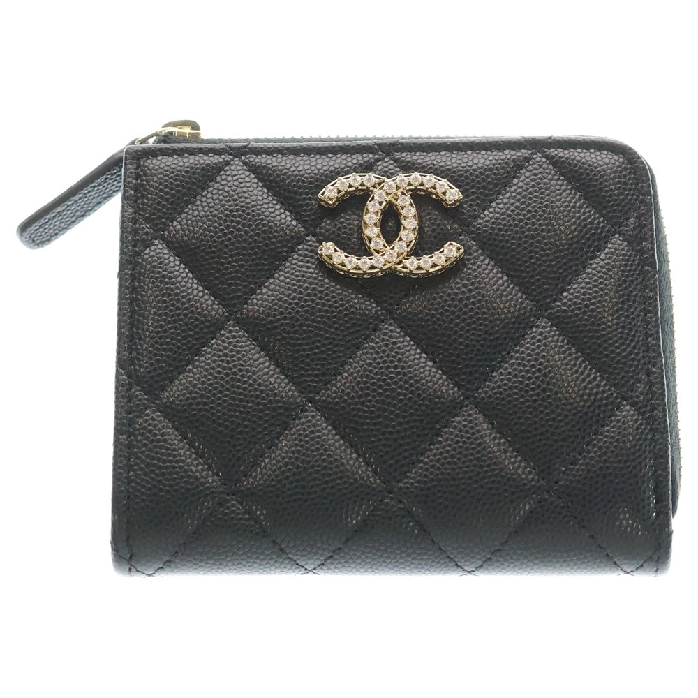 CHANEL(シャネル) ココマーク ラインストーン キャビアスキン スモール ジップウォレット 財布 ブラック AP4559 レディース