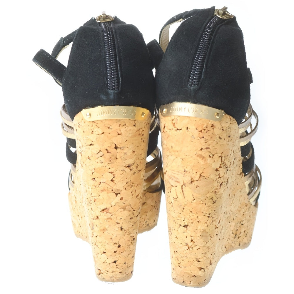 JIMMY CHOO(ジミーチュウ) スエード コンビレザー ウェッジソール ヒールサンダル ブラック/ゴールド レディース