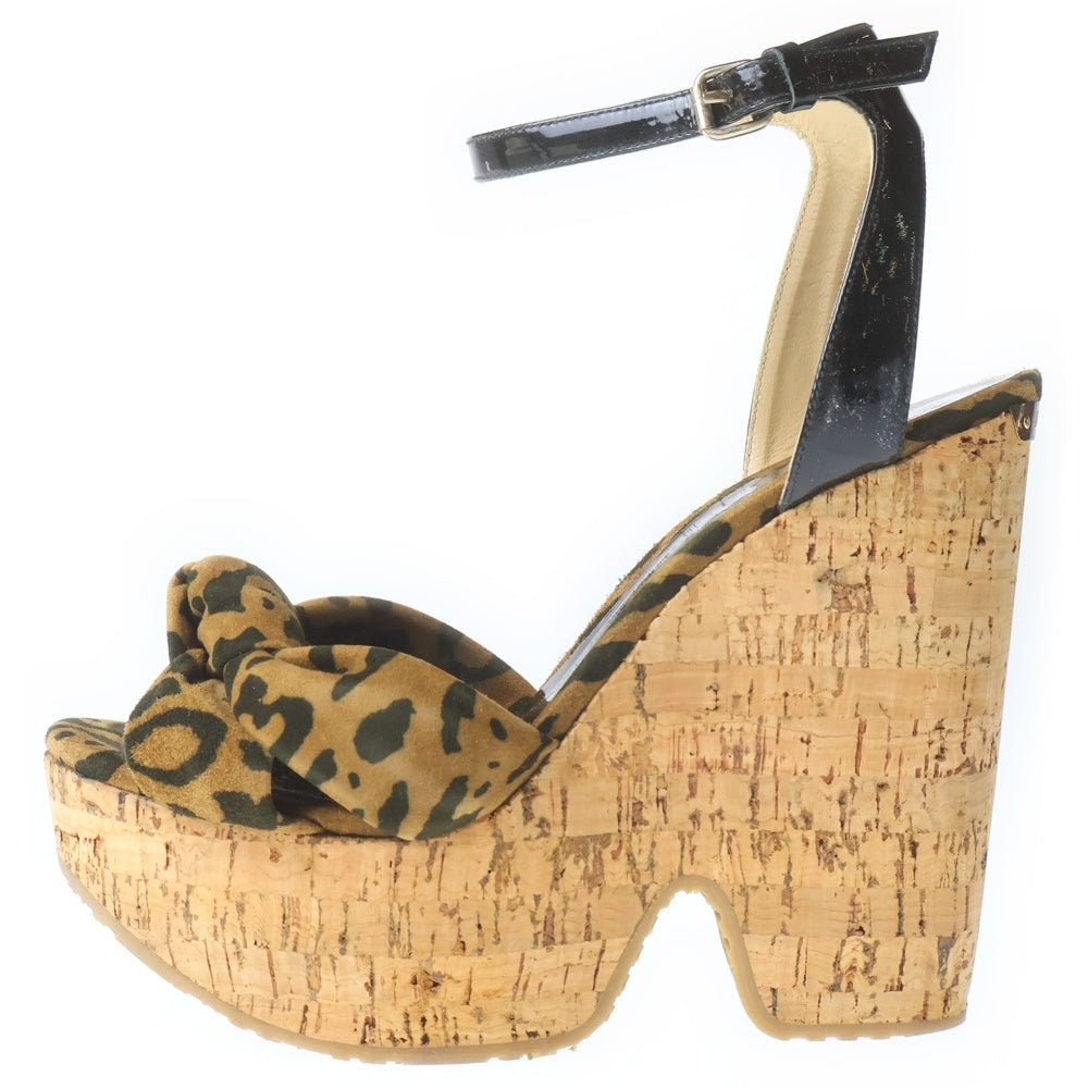 JIMMY CHOO(ジミーチュウ) レオパード柄 スエードレザー ウェッジソール ヒール ストラップサンダル レディース ブラウン
