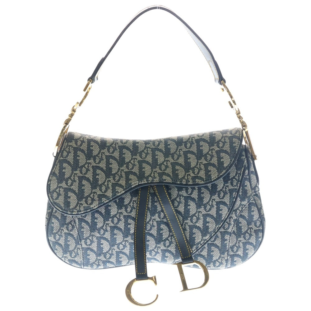 Christian Dior(クリスチャンディオール) トロッター柄 ダブルサドル キャンバス レザー ショルダーバッグ ゴールド金具 ネイビー レディース