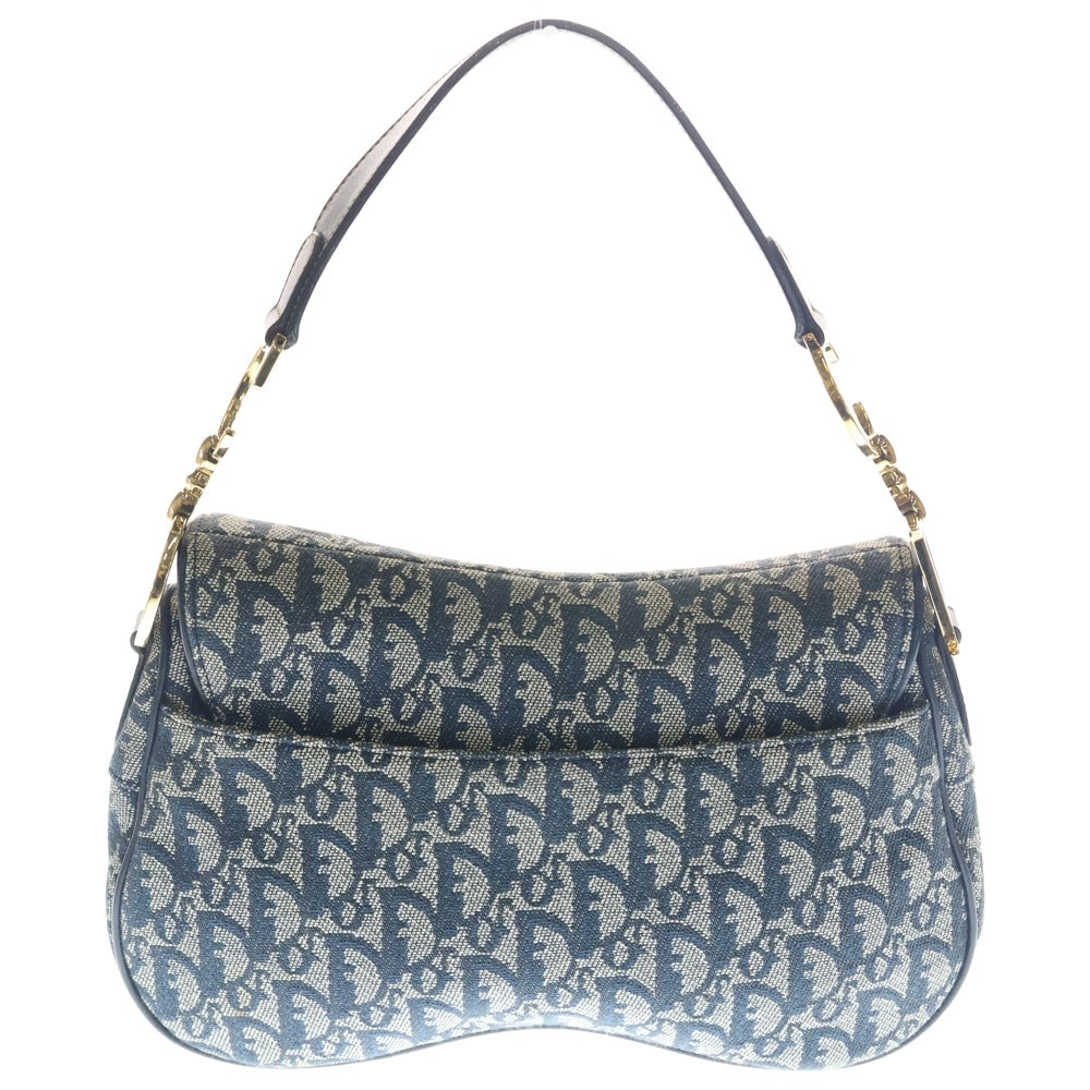 Christian Dior(クリスチャンディオール) トロッター柄 ダブルサドル キャンバス レザー ショルダーバッグ ゴールド金具 ネイビー レディース