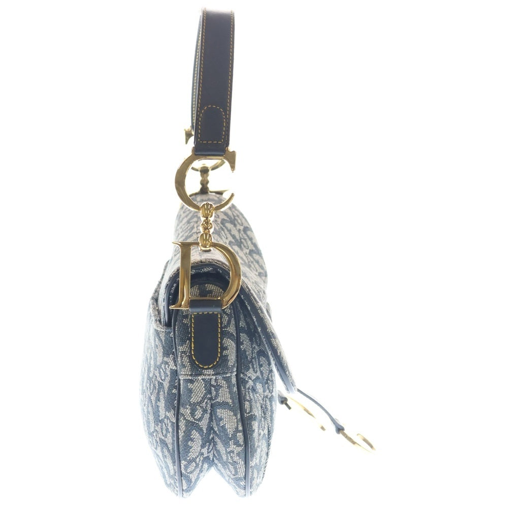 Christian Dior(クリスチャンディオール) トロッター柄 ダブルサドル キャンバス レザー ショルダーバッグ ゴールド金具 ネイビー レディース