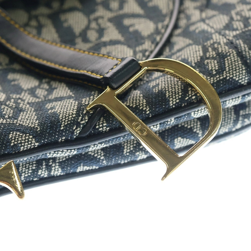 Christian Dior(クリスチャンディオール) トロッター柄 ダブルサドル キャンバス レザー ショルダーバッグ ゴールド金具 ネイビー レディース