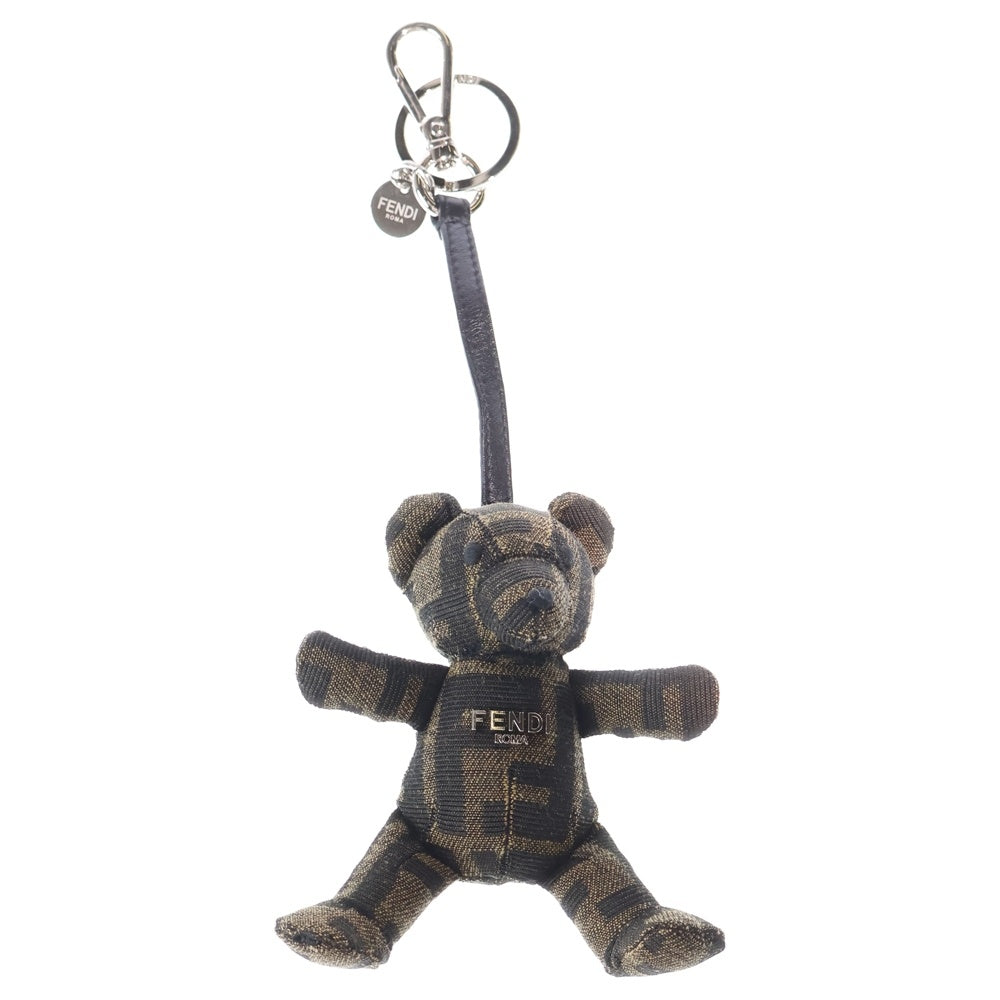 FENDI(フェンディ) ジャガード テディベア キーホルダー バッグチャーム キーリング マスコット ブラウン シルバー金具 レディース