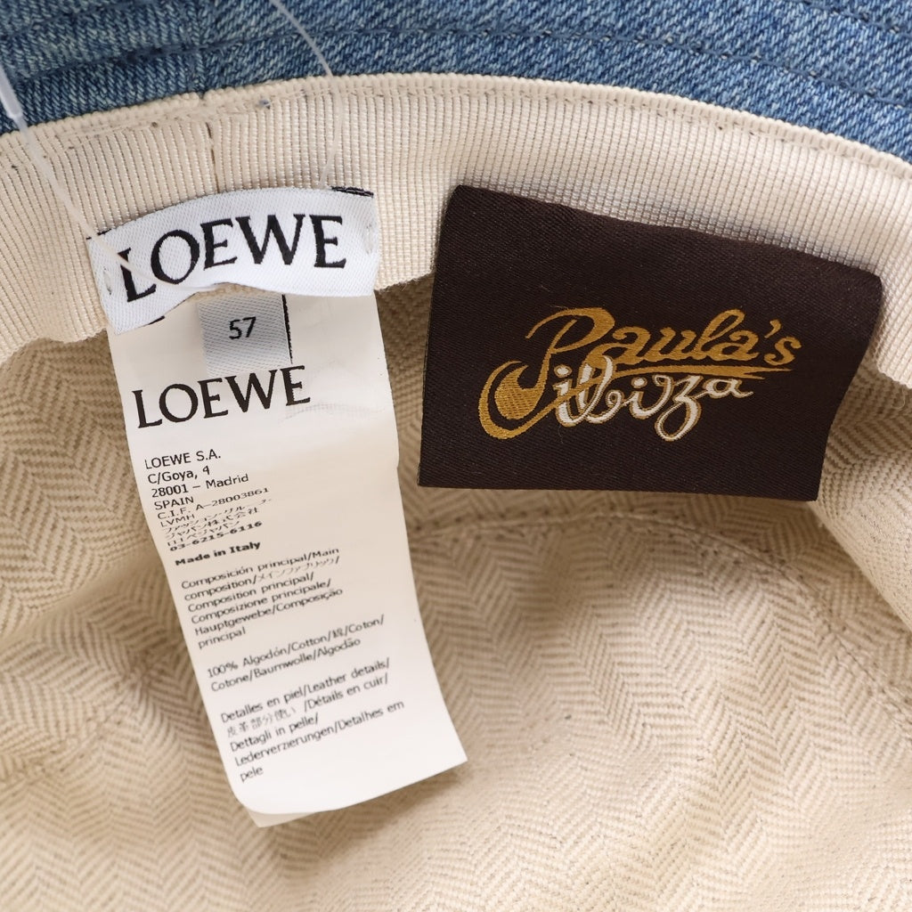 LOEWE(ロエベ) フレイド レザーロゴパッチ デニム フィッシャーマン バケット ハット 帽子 インディゴ K820HF1X26