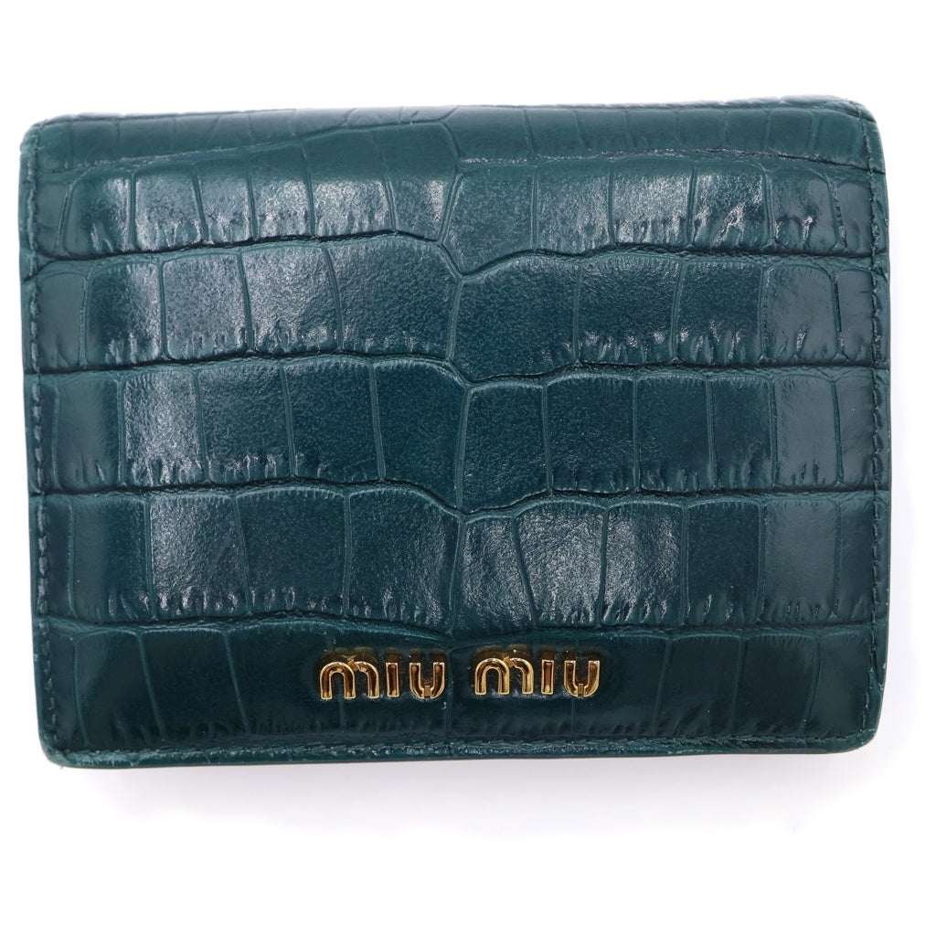 miumiu(ミュウミュウ) ミニウォレット コンパクトウォレット 二つ折り財布 カードケース ロゴプレート グリーン 型押しクロコ レザー 5MV204 ゴールド金具 レディース