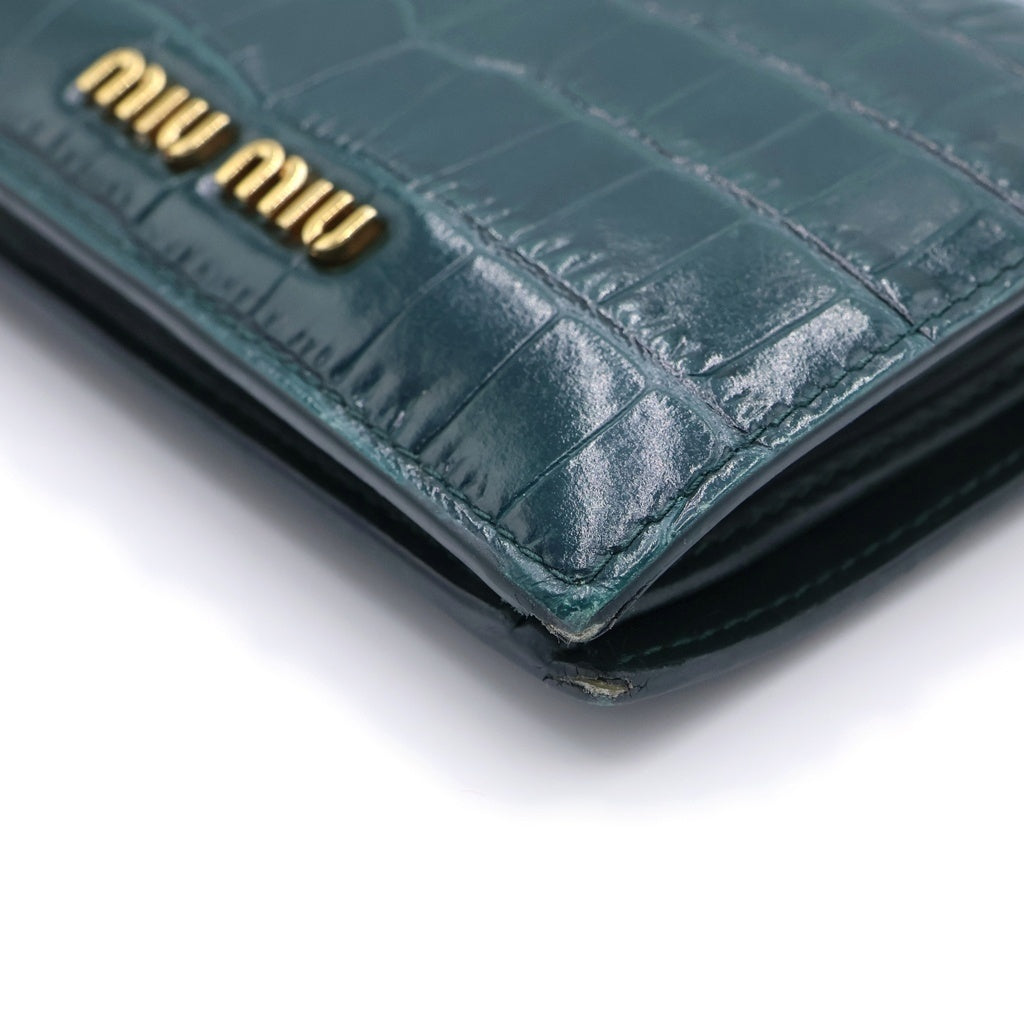 miumiu(ミュウミュウ) ミニウォレット コンパクトウォレット 二つ折り財布 カードケース ロゴプレート グリーン 型押しクロコ レザー 5MV204 ゴールド金具 レディース
