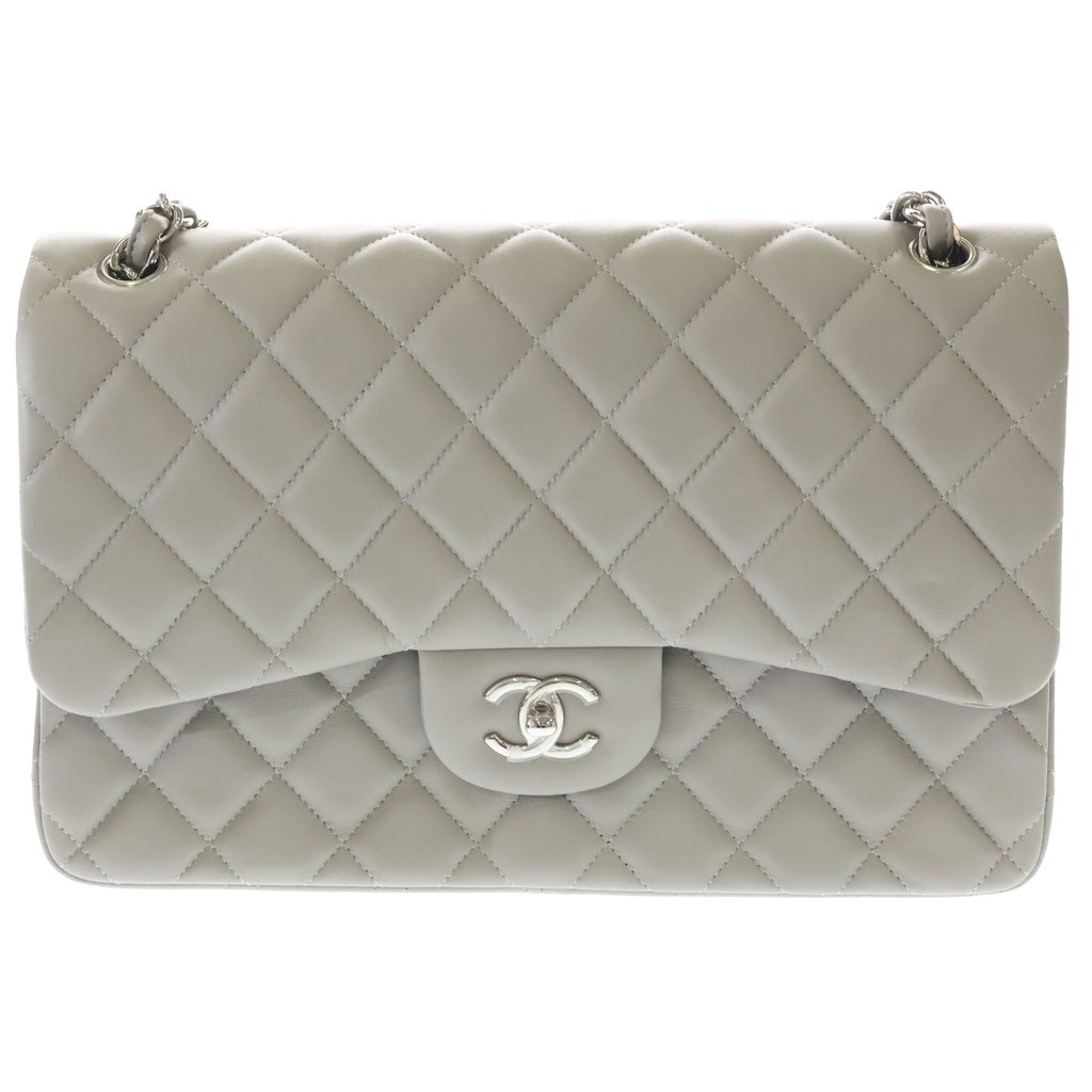 CHANEL(シャネル) マトラッセ30 ラムスキン レザー Wフラップ Wチェーンショルダーバッグ シルバー金具 グレー 28番台 レディース