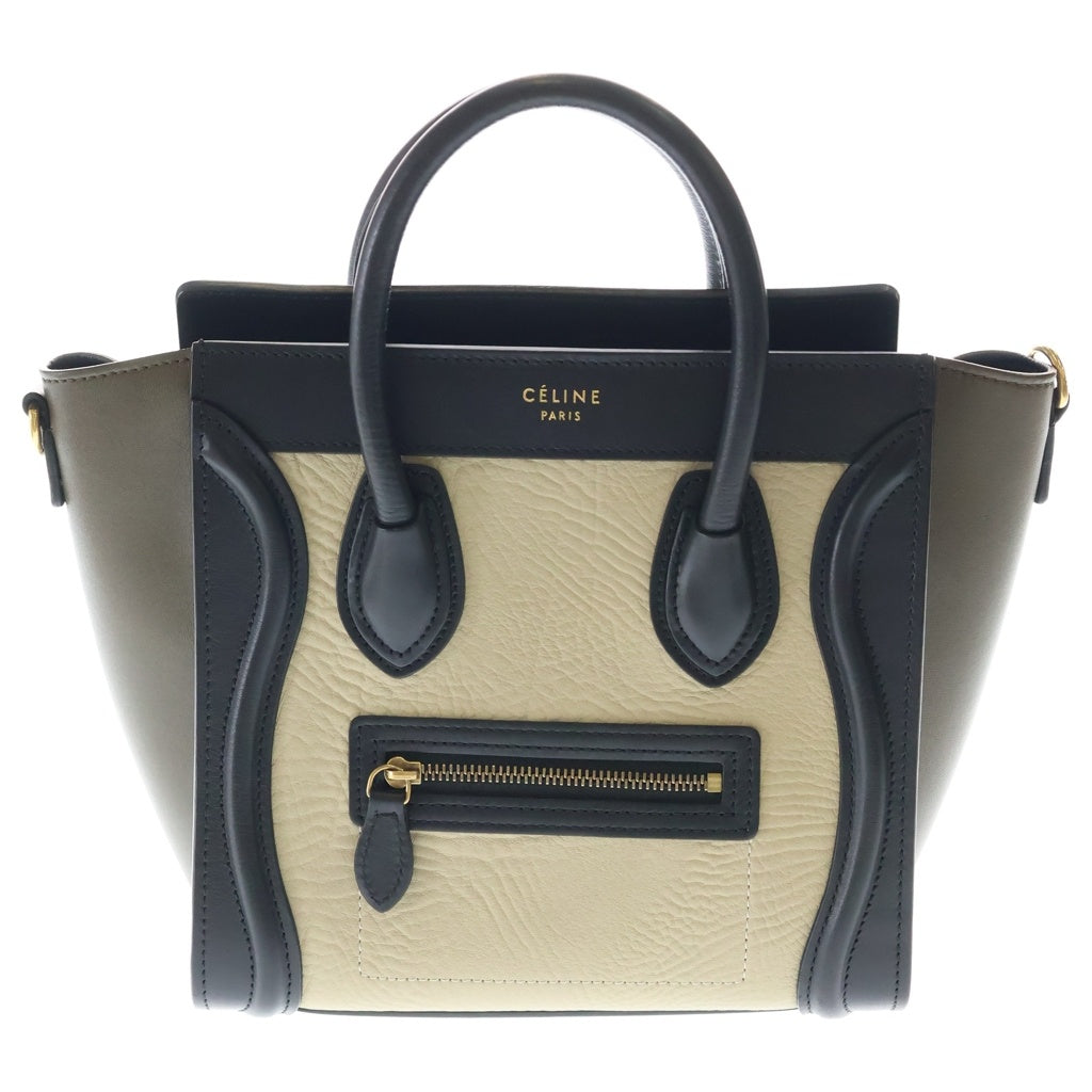 CELINE(セリーヌ) ラゲージナノショッパー 2WAYバッグ ハンドバッグ ショルダーバッグ バイカラー ブラック×カーキ×ベージュ レザー 189243 ゴールド金具 レディース