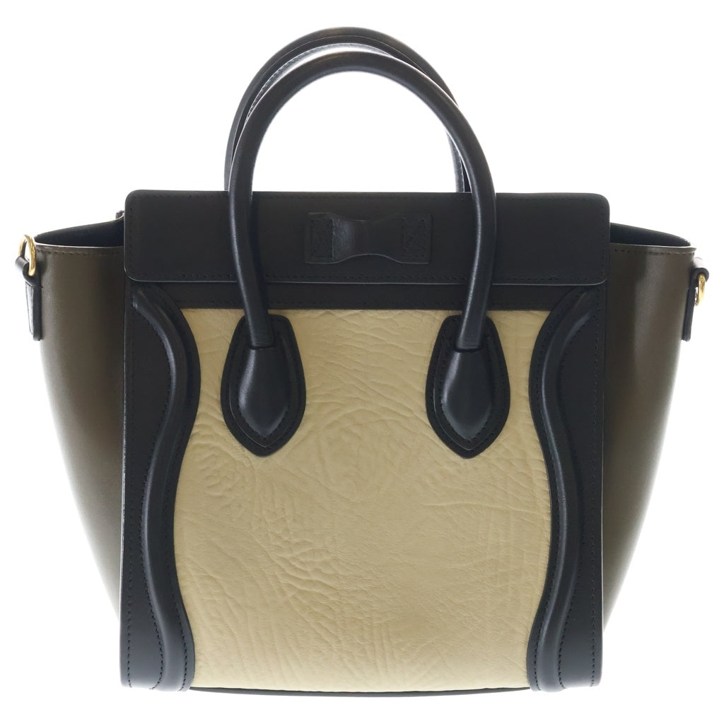 CELINE(セリーヌ) ラゲージナノショッパー 2WAYバッグ ハンドバッグ ショルダーバッグ バイカラー ブラック×カーキ×ベージュ レザー 189243 ゴールド金具 レディース