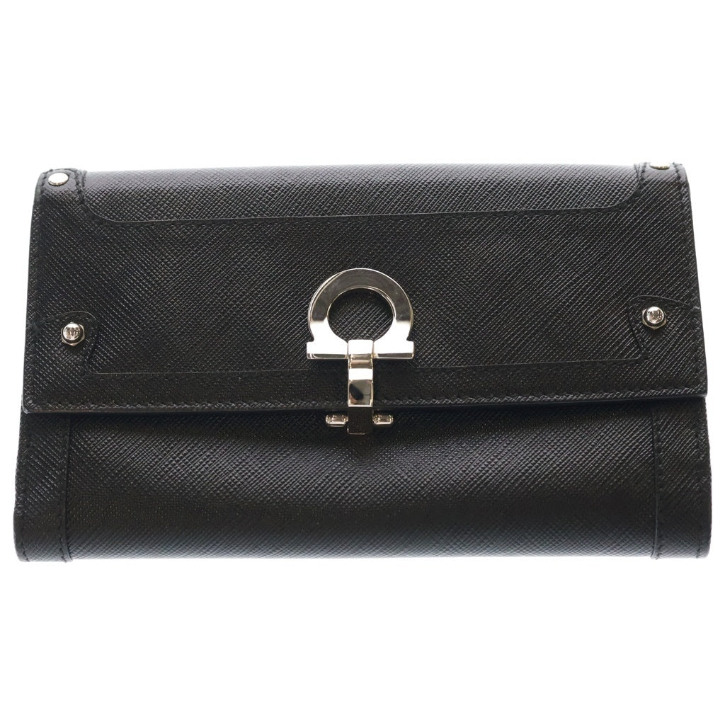 FERRAGAMO(フェラガモ) ガンチーニ 三つ折り財布 ロングウォレット ブラック レザー シルバー金具 レディース