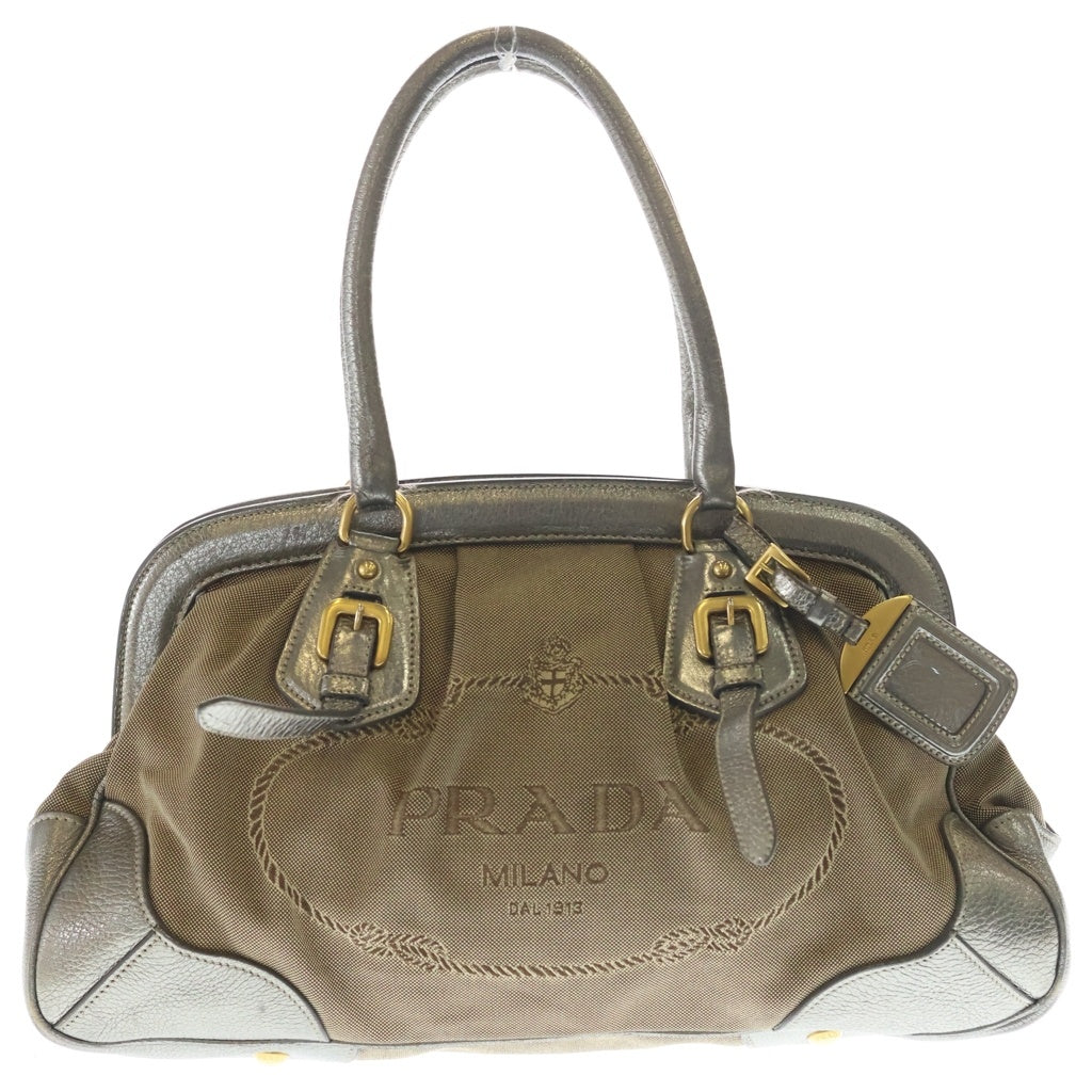 PRADA(プラダ) ロゴジャガード ハンドバッグ ベージュ×シルバー キャンバス×レザー BR3508 シルバー金具 レディース