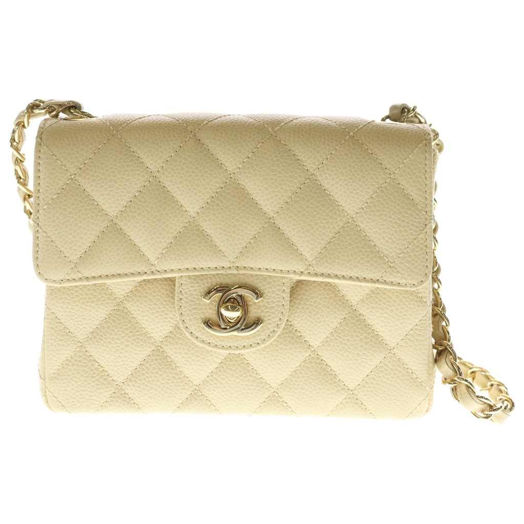 CHANEL(シャネル) ミニマトラッセ18 キャビアスキン ゴールド金具 シングルフラップ シングルショルダー チェーン ショルダーバッグ A01115 ベージュ クリーム レディース