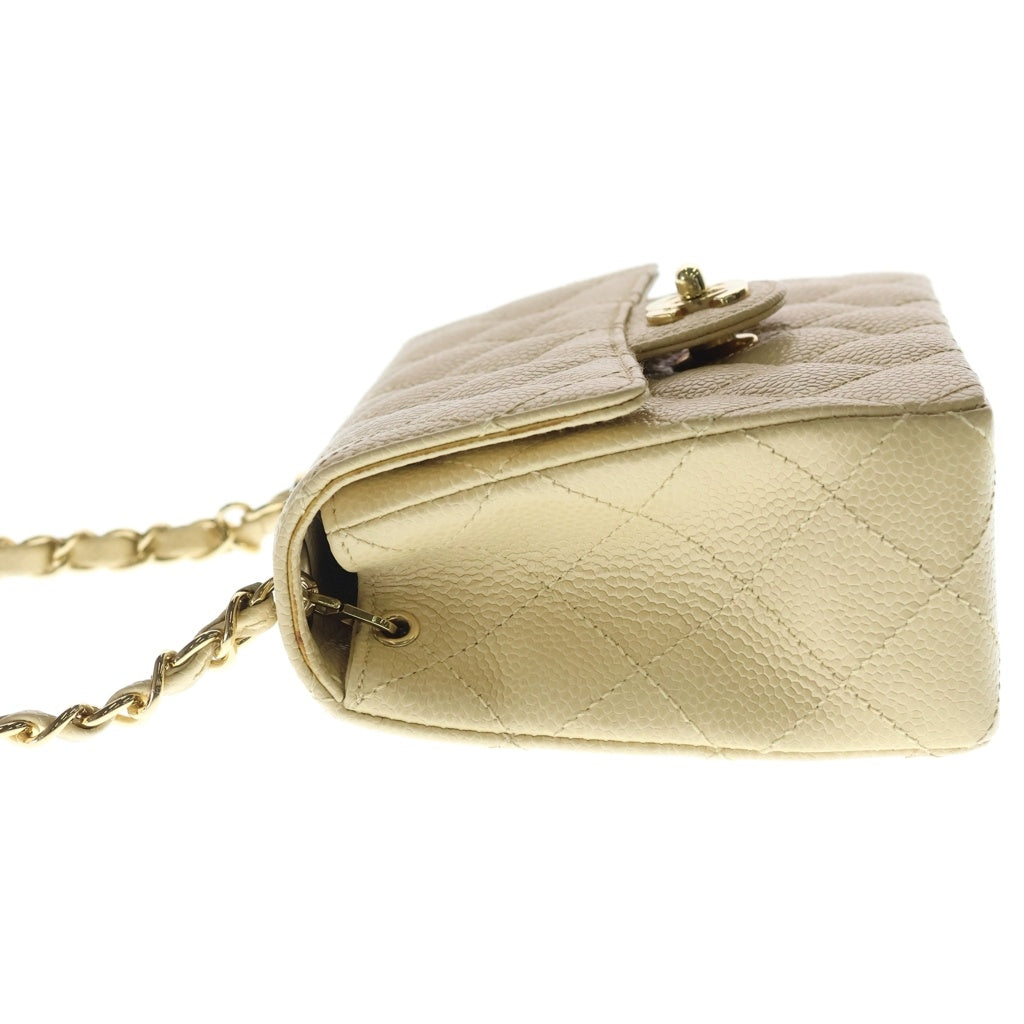 CHANEL(シャネル) ミニマトラッセ18 キャビアスキン ゴールド金具 シングルフラップ シングルショルダー チェーン ショルダーバッグ A01115 ベージュ クリーム レディース