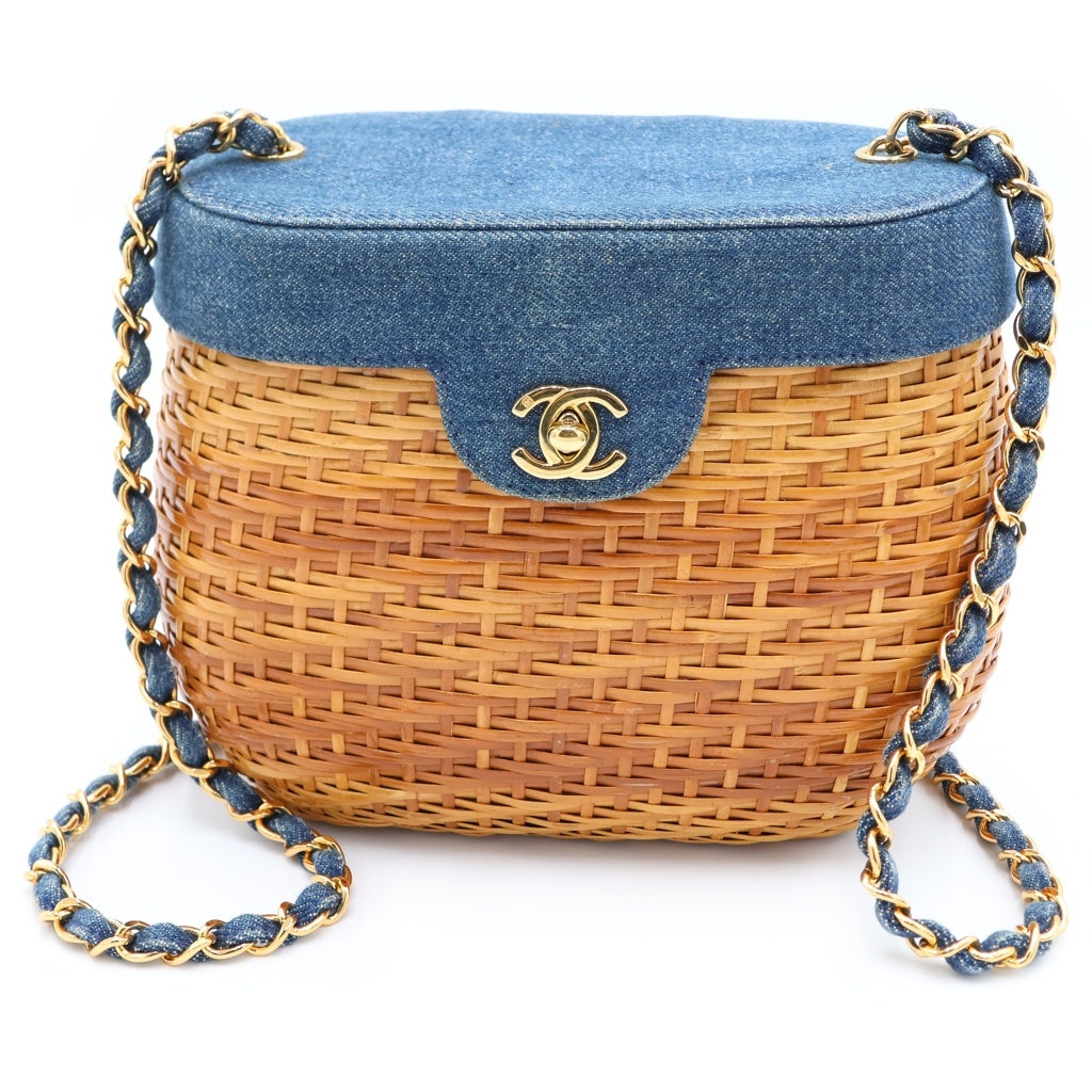 CHANEL(シャネル) ココマーク チェーンカゴバッグ ショルダーバッグ ベージュ×インディゴブルー ストロー×デニム ゴールド金具 レディース