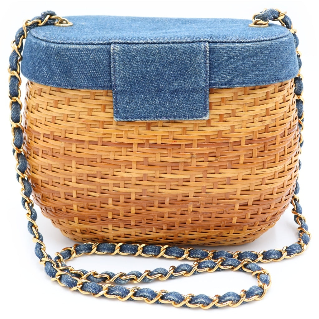 CHANEL(シャネル) ココマーク チェーンカゴバッグ ショルダーバッグ ベージュ×インディゴブルー ストロー×デニム ゴールド金具 レディース