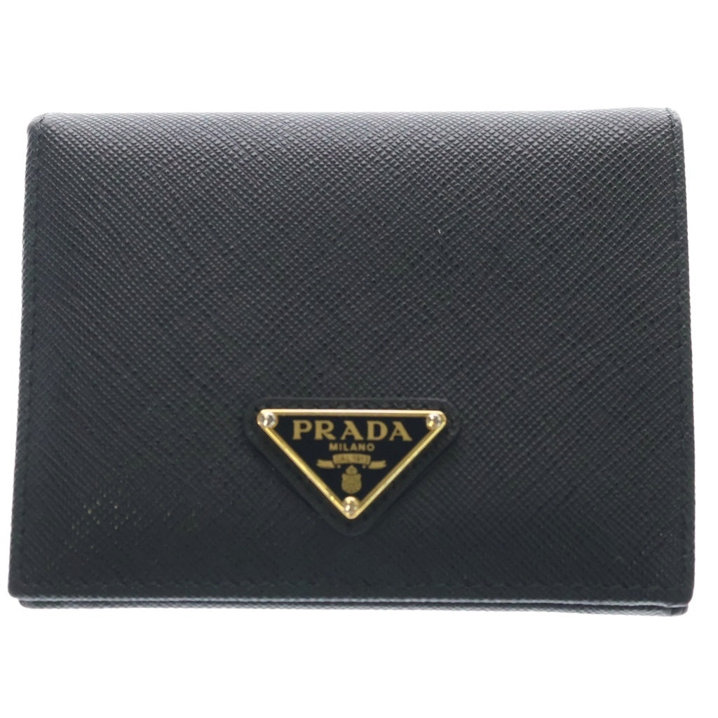 PRADA(プラダ) サフィアーノ トライアングルロゴ 二つ折り財布 二つ折り財布 カードケース ブラック レザー 1MV021 ゴールド金具 レディース