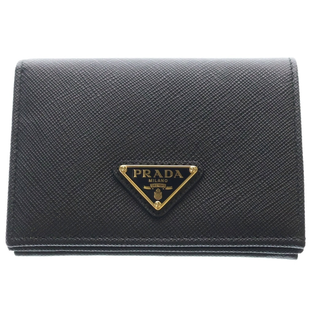 PRADA(プラダ) サフィアーノ トライアングルロゴ 二つ折り財布 コンパクトウォレット カードケース ブラック レザー 1MV204 ゴールド金具 レディース