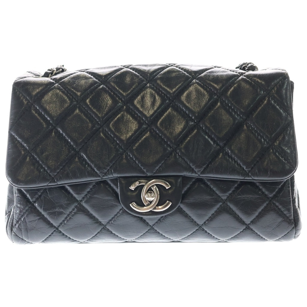 CHANEL(シャネル) マトラッセ30 ココマーク シングルフラップ Wチェーン ショルダーバック シルバー金具 シャイニーカーフスキン ブラック レディース